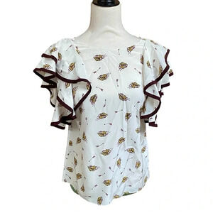 Dorothee Schumacher Silk Flutter Sleeve Blouse Cream Burgundy Trim Size 1 XS